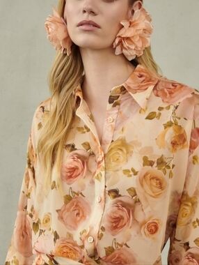 PHILOSOPHY Floral Button-Up Shirt - Beige with Orange‎ Rose Print Size XS
